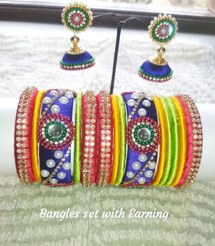 Silk Thread Kundan Bangles with Earrings